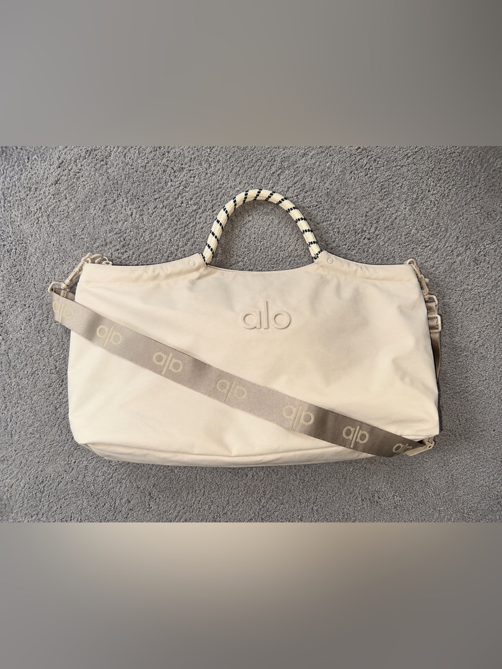 ALO Yoga Cream Canvas Tote with Rope Handle and Branded Strap